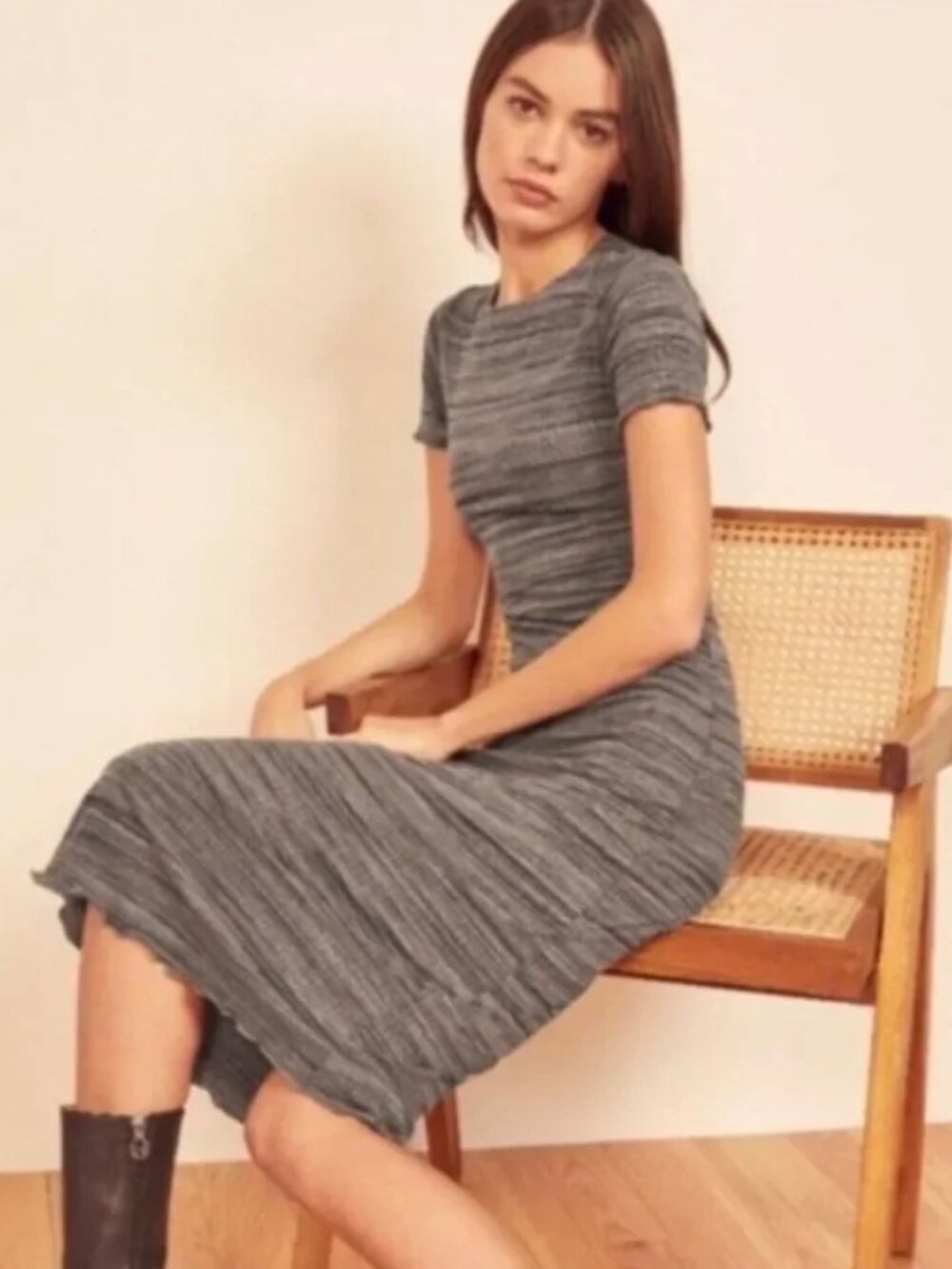 Reformation Perry Midi Dress Grey Short Sleeve Lettuce Hem